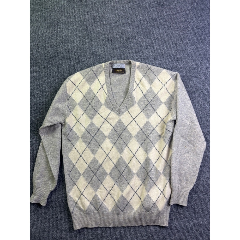 Lyle & Scott V-Neck Sweater Mens 42 Grey Argyle Pure Cashmere Scotland Vintage